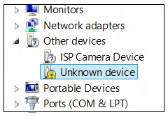 device manager screenshot, showing an unknown device with a yellow bang.