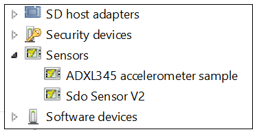 device manager screen shot, showing device nodes for successfully installed adxl345 accelerometer.