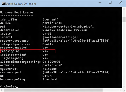 command prompt window showing testsigning set to yes.