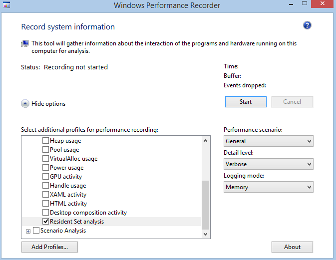 Screenshot of Record System Information screen of Windows Assessment Console showing Status Recording not started