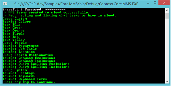 Screenshot of the console application with term data output.