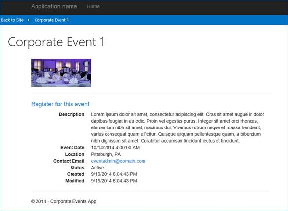 Screenshot that shows the add-in UI with corporate event screen showing event details