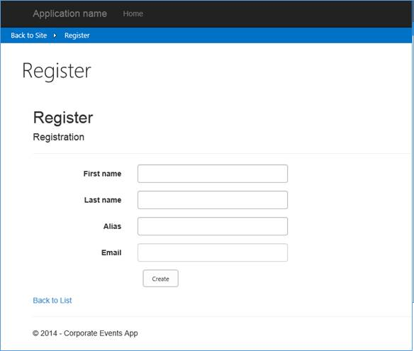 Screenshot that shows the add-in Corporate events registration screen