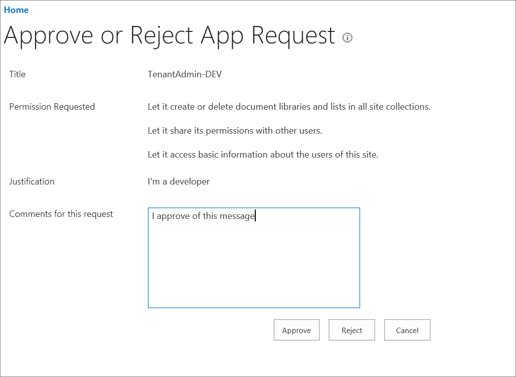 Approve or Reject App Request dialog