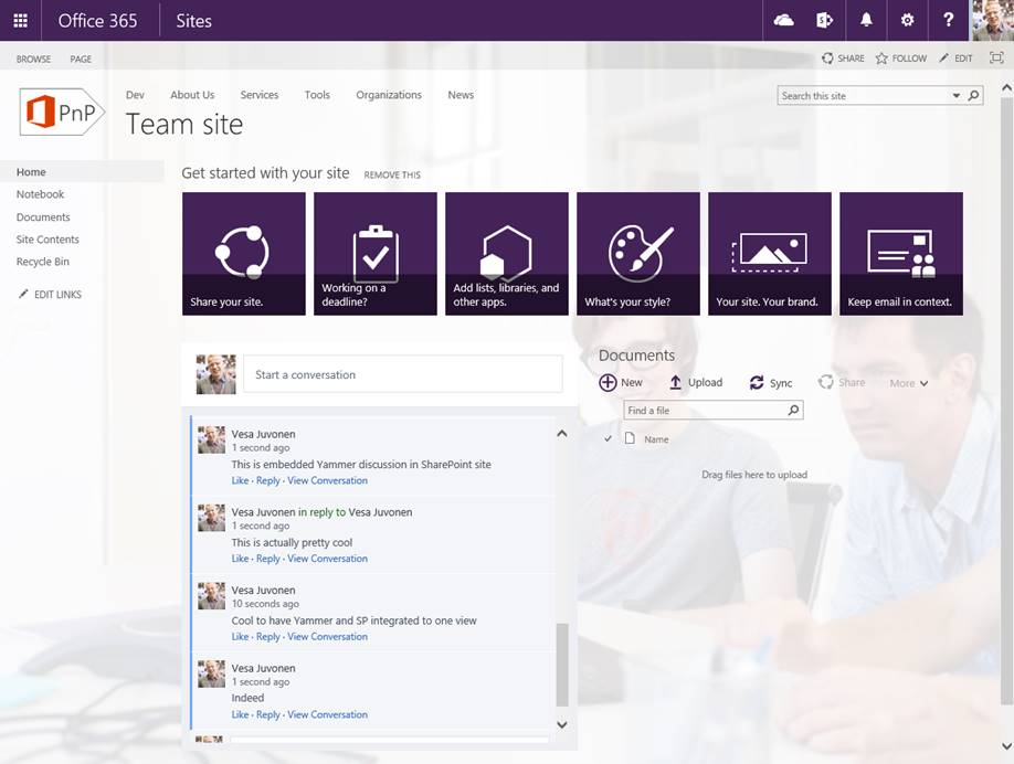 A standard SharePoint team site page with a text box that contains the text, Start a conversation. Below the text box is a list box displaying a Yammer conversation thread.