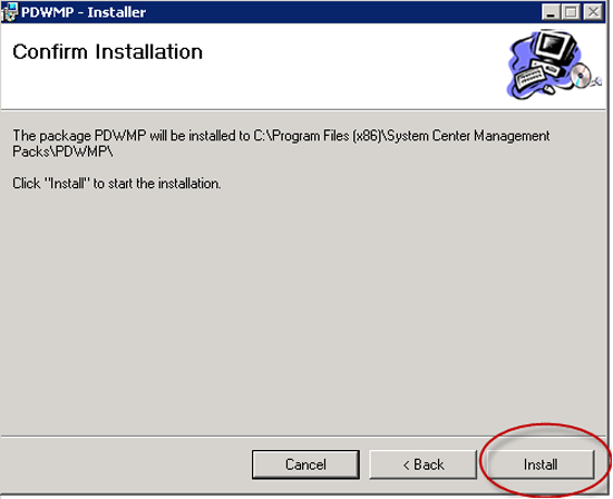 Screenshot of the PDWMP Installer wizard on the Confirm Installation step with the Install option circled in red.