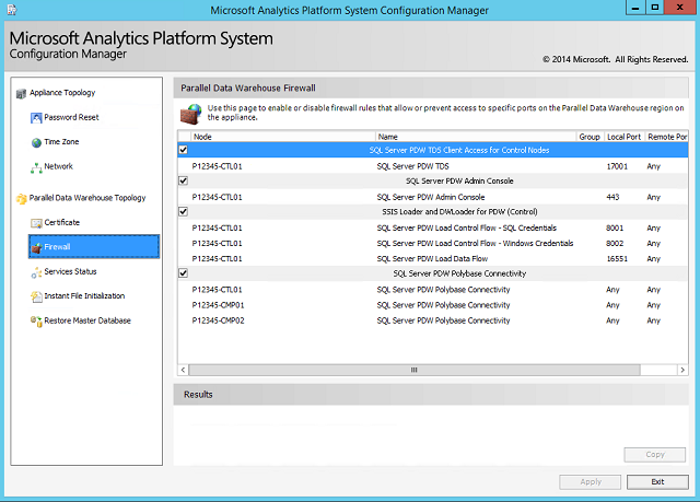 Screenshot of the Microsoft Analytics Platform System Configuration Manager, showing the Firewall page.