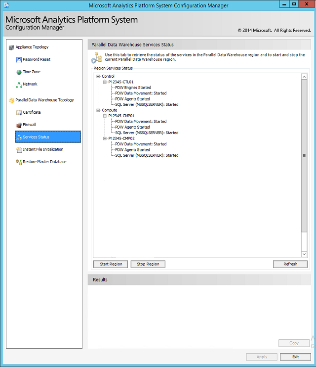 A screenshot of the Microsoft Analytics Platform System Configuration Manager, showing the Services Status page.