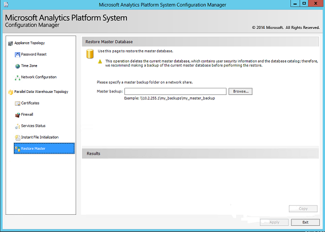 A screenshot of the Microsoft Analytics Platform System Configuration Manager, showing the Restore master page.