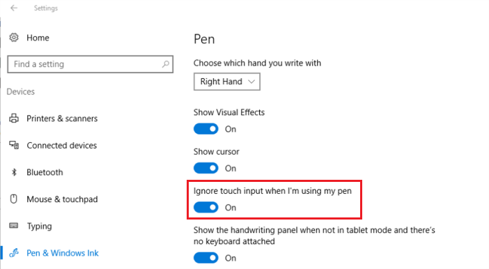 image showing the pen settings dialog window, where you can select your handedness, for proper operation of the windows 10 palm rejection feature.