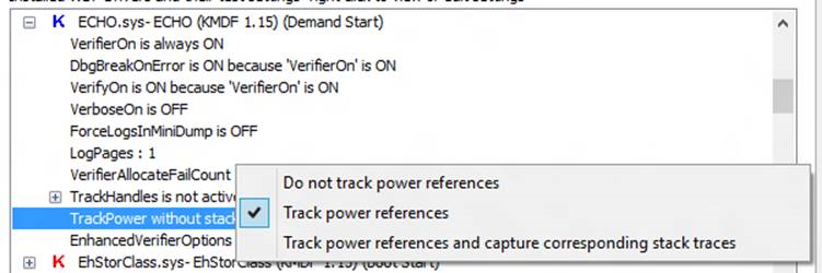 Screenshot of setting track power references in WdfVerifier.