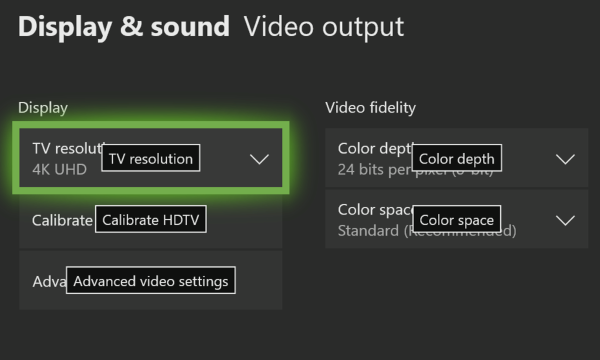 Screenshot of the Display and sound Video output window with labels on collapsed combo boxes.