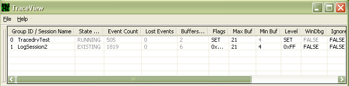Screenshot of the Trace Session List displaying a running trace session and a trace log file.